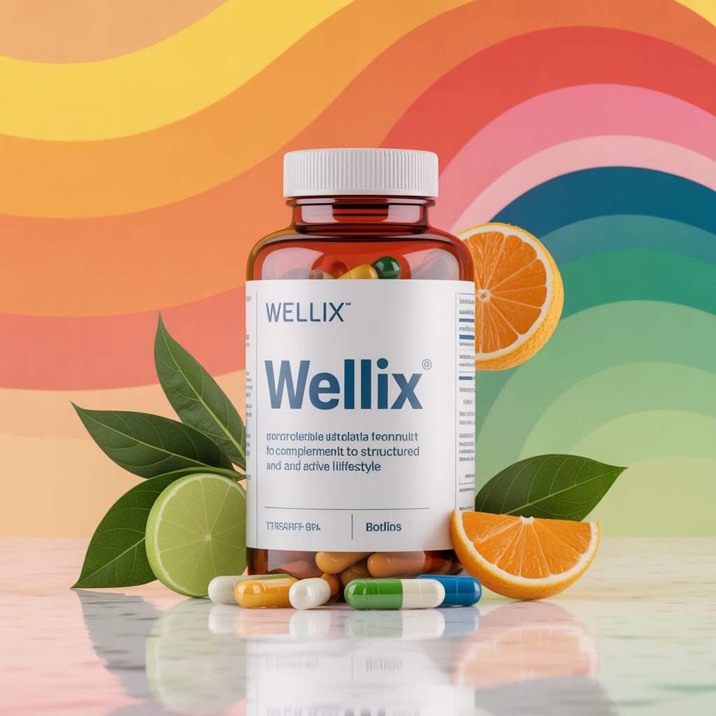 Wellix supplement bottle with seafoam and teal gradient label